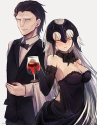  1boy alcohol bad_id bad_twitter_id bare_shoulders black_dress black_gloves black_hair blonde_hair blush bow bowtie breasts choker cleavage closed_eyes cup dress drinking_glass drunk elbow_gloves fate/grand_order fate/zero fate_(series) female gilles_de_rais_(caster)_(fate) gilles_de_rais_(caster)_(holy_night_supper)_(fate) gloves half-closed_eyes headpiece highres holding holding_cup jeanne_d&#039;arc_alter_(fate) jeanne_d&#039;arc_alter_(holy_night_supper)_(fate) large_breasts long_hair long_sleeves looking_at_viewer official_alternate_costume parted_lips simple_background sleeveless sleeveless_dress smile twitter_username upper_body very_long_hair vest white_background wine wine_glass wing_collar yellow_eyes yukihama 