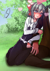  1boy arm_hug black_hair blue_eyes blush burn_scar commentary_request dorei_to_no_seikatsu_~teaching_feeling~ dress female grass hair_ornament hair_ribbon hairclip heart heart-shaped_pupils holding_another&#039;s_arm long_hair out_of_frame outdoors ponytail ribbon scar seiza shuffle115 sitting smile sylvie_(dorei_to_no_seikatsu) symbol-shaped_pupils 