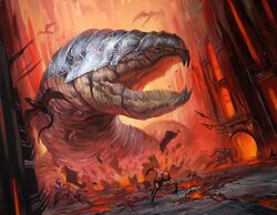  armor city cityscape demon dutch_angle feral fleeing flying humanoid lucas_graciano macro magic:_the_gathering official_art oil_painting_(artwork) open_mouth painting_(artwork) running spread_wings street traditional_media_(artwork) uhoh wings wurm 