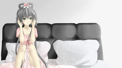  bed commentary_request female green_eyes grey_hair highres long_hair luo_tianyi solo vocaloid vsinger yanyan 