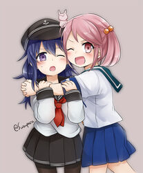  2girls ;d akatsuki_(kancolle) black_pantyhose blue_hair blush commentary_request hat hug kantai_collection long_hair multiple_girls one_eye_closed open_mouth pantyhose photoshop_(medium) pink_hair pleated_skirt purple_eyes rabbit red_eyes sazanami_(kancolle) school_uniform serafuku short_hair short_twintails skirt smile suzuka_(rekkyo) sweatdrop twintails wince 