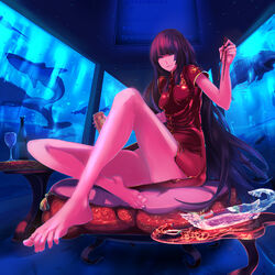  aguhari alcohol aquarium barefoot chair china_dress chinese_clothes chopsticks commentary_request dress feet female fish glass long_hair long_legs original shark very_long_hair wine 