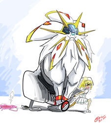  absurdres bag blonde_hair braid closed_mouth commentary dated duffel_bag fangs female gapangman high_ponytail highres lillie_(pokemon) lion long_hair mane miniskirt open_mouth photoshop_(medium) pleated_skirt pokemon pokemon_(creature) pokemon_sm ponytail_with_braided_base shirt short_sleeves signature skirt smile solgaleo spoilers sweat tail trembling white_shirt white_skirt 