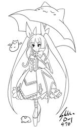  animal-themed_umbrella blazblue chibi dress eu03 female frills frog george_xiii gii gothic_lolita greyscale hair_ribbon line_art lolita_fashion long_hair monochrome nago photoshop_(medium) platform_footwear platform_heels rachel_alucard ribbon solo twintails umbrella very_long_hair 