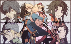  3boys 3girls ahoge alexia_lynn_elesius armor armored_dress black_hair blonde_hair blue_eyes bow brown_eyes brown_hair clarissa_arwin coat commentary_request copyright_name dress everyone felius_arwin flipped_hair gloves green_eyes gun hairband kiri_(regulaton) labyrinthia_wordsworth levin_brenton long_hair looking_at_viewer multiple_boys multiple_girls pants purple_eyes ragnar_blitz_lebrett ribbon short_hair sidelocks smile sword thighhighs weapon wild_arms wild_arms_xf 