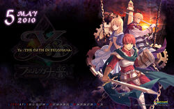  2010 2boys adol_christin armor belt blonde_hair brother_and_sister calendar_(medium) chains chester_stoddart company_name copyright_name dress elena_stoddart female gloves grey_eyes group_picture highres multiple_boys official_art pants purple_eyes red_hair scarf serious shield short_hair siblings sword weapon ys ys_iii_wanderers_of_ys 