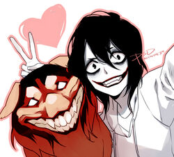  1boy animification black_eyes black_hair bunny_ears_prank canine casual colored_skin commentary creature creepypasta dated drawstring fangs grin heart horror_(theme) jeff_the_killer long_hair looking_at_viewer male_focus no_pupils outline outstretched_arm pink_outline psd_(psdgai) raised_eyebrow red_fur sanpaku selfie sharp_teeth sidelocks simple_background smile smile_dog teeth v white_background white_skin 