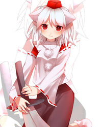  animal_ears bad_id bad_pixiv_id female fingernails hat inubashiri_momiji meronpanna_(mikoniito) red_eyes short_hair smile solo sword tokin_hat touhou weapon white_hair wolf_ears zoom_layer 