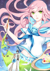  1boy 4girls absurdres ace_(playing_card) alice_in_wonderland apple arakunae art_brush bad_id bad_pixiv_id bird card cinderella crown dress feline floating_card food fruit green_eyes grimm&#039;s_fairy_tales highres multiple_girls night night_sky oekaki_musume original paintbrush palette_(object) photoshop_(medium) pink_hair playing_card sky snow_white snow_white_(grimm) star_(sky) 