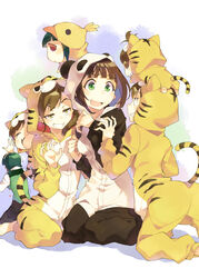  6+girls amami_haruka animal_costume animal_hood animal_print bird_costume brown_eyes brown_hair chibi commentary_request futami_ami futami_mami green_hair grin hairband highres hood idolmaster idolmaster_(classic) kneeling koami komami md5_mismatch multiple_girls open_mouth otonashi_kotori panda_costume piyopiyo puchimasu! resolution_mismatch short_hair sitting smile source_smaller t-okada tiger_costume tiger_print wariza 