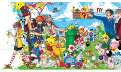  !? 1-up_mushroom 1up 2girls 6+boys ?_block artist_self-insert banana_peel baseball_cap bird black_hair blonde_hair blue_eyes blue_shell_(mario) bokujou_monogatari bomb bomberman book bovine brown_eyes brown_hair cabbie_hat canine chicken chimchar chocobo cloud commentary cosplay crop_top cross crossover cucco disgaea dust elebits english_commentary explosive facial_hair feathers final_fantasy final_fantasy_crystal_chronicles final_fantasy_fables final_fantasy_tactics_advance fire fire_flower flower formal gloves goomba great_ball grey_hair gyakuten_saiban hair_ornament hairdressing handheld_game_console hat headphones heart highres hourglass jacket joanna_(mojo!) kingdom_hearts kirby kirby_(series) link long_hair luigi mario mario_(series) mario_kart mario_kart_64 mario_kart_wii master_ball miles_edgeworth misaki_shiki moogle moustache multiple_boys multiple_crossover multiple_girls mushroom naruhodou_ryuuichi navi necktie ninja ninja_(final_fantasy) ninjatown nintendo_ds objection open_mouth orange_hair penguin photoshop_(medium) pichu pikachu pikachu_(cosplay) piplup piranha_plant pointing pointy_ears poke_ball poke_ball_(basic) pokemon pokemon_(creature) premier_ball prinny professor_layton professor_layton_vs._phoenix_wright:_ace_attorney red_toad_(mario) sakuraba_neku shield shield_on_back short_hair shorts shuriken smile star_(symbol) starter_pokemon_trio striped_clothes striped_thighhighs stylus subarashiki_kono_sekai super_mario_bros._1 super_mushroom super_star_(mario) sweatdrop sword the_legend_of_zelda the_legend_of_zelda:_phantom_hourglass thighhighs toad_(mario) toon_link top_hat traditional_media turtwig ultra_ball warp_pipe watermark weapon wee_devil wee_ninja white_bomberman 