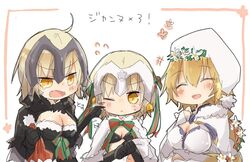  3girls armor bell black_gloves blonde_hair blush chains commentary_request elbow_gloves fate/apocrypha fate/grand_order fate_(series) gloves hair_ribbon headpiece helmet jeanne_d&#039;arc_(fate) jeanne_d&#039;arc_(ruler)_(fate) jeanne_d&#039;arc_alter_(avenger)_(fate) jeanne_d&#039;arc_alter_(fate) jeanne_d&#039;arc_alter_santa_lily_(fate) long_hair looking_at_viewer multiple_girls ribbon shio_kuzumochi smile yellow_eyes 