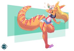  2016 anthro barefoot biped blonde_hair breasts claws clothed clothing digital_media_(artwork) dragon duo feathered_wings feathers feet female feral generation_7_pokemon gorran hair horn mythological_creature mythological_scalie mythology navel nintendo non-mammal_breasts open_mouth pokemon pokemon_(species) rowlet scalie simple_background smile standing teeth toe_claws toes twistedteeth wings 