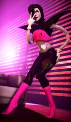  2015 3d_(artwork) android commodor-richter digital_media_(artwork) drag_(fashion) drag_queen furniture gesture hand_gesture hand_on_hip hi_res humanoid machine mettaton mettaton_ex not_furry robot robot_humanoid smile sofa solo source_filmmaker_(artwork) tongue tongue_out undertale undertale_(series) v_sign 