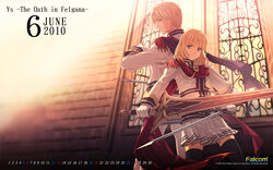  1boy 2010 back-to-back black_legwear blonde_hair brother_and_sister calendar_(medium) chester_stoddart company_name dual_wielding elena_stoddart female highres holding june official_art purple_eyes scarf sepia sepia_background short_hair siblings skirt smile sword thighhighs weapon ys ys_iii_wanderers_of_ys ys_vs_sora_no_kiseki_alternative_saga 