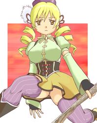  beret blonde_hair breasts commentary_request corset detached_sleeves drill_hair female gloves hat large_breasts long_hair looking_at_viewer magical_girl mahou_shoujo_madoka_magica mahou_shoujo_madoka_magica_(anime) official_style panties ribbon skirt solo striped thighhighs tomoe_mami tomoe_mami_(magical_girl) tondabayashi twin_drills twintails underwear upskirt vertical_stripes yellow_eyes yellow_skirt 