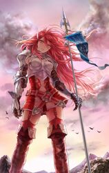  bird commentary_request cordelia_(fire_emblem) female fire_emblem fire_emblem_awakening floating_hair garter_straps gauntlets hanzoumon_(purinn1014) long_hair looking_at_viewer outdoors red_eyes red_hair red_legwear solo very_long_hair 