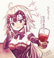  ahoge alcohol black_legwear blonde_hair blush breasts cleavage commentary_request cup drinking_glass drunk elbow_gloves fate/grand_order fate_(series) female gloves headpiece holding holding_cup jeanne_d&#039;arc_alter_(avenger)_(fate) jeanne_d&#039;arc_alter_(fate) jeanne_d&#039;arc_alter_(holy_night_supper)_(fate) long_hair looking_at_viewer medium_breasts nose_blush official_alternate_costume open_mouth shio_kuzumochi signature solo translated wine_glass yellow_eyes 