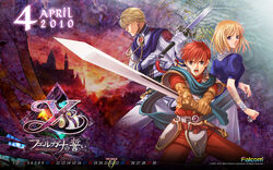  2010 2boys adol_christin armor artist_request belt blonde_hair brother_and_sister calendar_(medium) chester_stoddart company_name copyright_name elena_stoddart female gloves grey_eyes group_picture highres looking_back multiple_boys official_art pants red_hair scarf serious short_hair siblings sword weapon ys ys_iii_wanderers_of_ys 