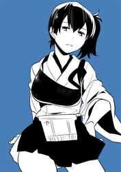  black_hair blue_background blue_theme commentary_request female hand_on_own_hip high_contrast japanese_clothes kaga_(kancolle) kantai_collection looking_at_viewer monochrome muneate photoshop_(medium) short_hair side_ponytail simple_background skirt solo suzuka_(rekkyo) 