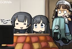  3girls :3 :o agano_(kancolle) alternate_costume annotated asashio_(kancolle) black_hair blue_eyes brown_hair commentary_request dated english_text glasses hamu_koutarou headdress hole hole_in_wall kantai_collection kotatsu long_hair motor_vehicle multiple_girls on_scooter open_mouth roma_(kancolle) roman_holiday scooter short_hair sparkle sweat table tears watching_television 