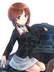  2girls akiyama_yukari bad_id bad_pixiv_id blue_jacket blush brown_eyes brown_hair girls_und_panzer green_shirt jacket light_smile long_sleeves looking_at_viewer military military_uniform military_vehicle miniskirt motor_vehicle multiple_girls nishizumi_miho ooarai_military_uniform out_of_frame pleated_skirt shirt short_hair sitting skirt tank throat_microphone umasanjin uniform white_skirt 