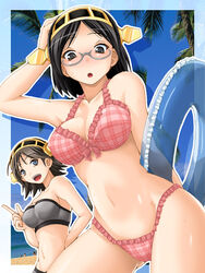  2girls beach bikini black_eyes black_hair brown_hair commentary_request frilled_bikini frills glasses grey_bikini hand_on_own_head hand_on_own_hip headgear hiei_(kancolle) innertube kantai_collection keito_(keito-ya) kirishima_(kancolle) looking_at_viewer multiple_girls navel palm_tree pink_bikini plaid plaid_bikini pointing semi-rimless_eyewear short_hair swim_ring swimsuit tree 