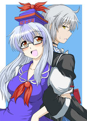  1boy back-to-back bespectacled commentary_request female glasses kamishirasawa_keine locked_arms morichika_rinnosuke painttool_sai_(medium) touhou tsukimi_(ryouiki_ridatsu) 