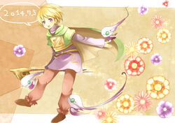  1boy :d blonde_hair brown_background brown_footwear cape commentary_request creature dated djinn_(golden_sun) flower full_body golden_sun green_cape holding holding_staff ivan_(golden_sun) k_haru looking_at_viewer male_focus open_mouth outstretched_arm purple_eyes shoes smile speech_bubble staff standing 