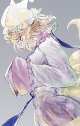  animal_ears blonde_hair dress dutch_angle female fox_ears fox_tail grey_background hands_in_sleeves hat highres long_sleeves mob_cap multiple_tails open_mouth profile short_hair simple_background solo tabard tail touhou wide_sleeves yakumo_ran yellow_eyes zeikomi 