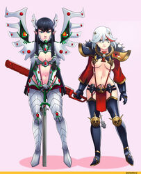  aeldari angry armor black_hair blonde_hair blue_eyes bottomwear breasts chainsword clothed clothing duo female footwear hair high_heels human humanoid_pointy_ears kill_la_kill loincloth long_hair mammal melee_weapon navel partially_clothed shoes side_boob spikes standing studio_trigger sword underboobs warhammer_(franchise) warhammer_40000 weapon 