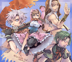  3boys ahoge airget-lamh_b/v2 belt blue_background blue_eyes brown_hair clive_winslett coat commentary_request copyright_name dress female fringe_trim gallows_carradine glasses gloves green_eyes green_hair gun happy headband jet_enduro kiri_(regulaton) long_hair looking_at_viewer multicolored_hair multiple_boys open_mouth pantyhose ponytail round_eyewear scarf short_hair sidelocks smile streaked_hair virginia_maxwell weapon white_hair wild_arms wild_arms_3 wrist_cuffs 