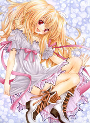  aoi_yuuka_(ao_no_kokoro) bare_shoulders blonde_hair blush boots bow commentary_request dress female long_hair marker_(medium) open_mouth original red_eyes ribbon smile solo traditional_media 