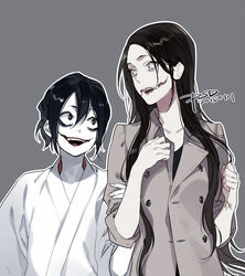  1boy 2channel aqua_eyes artist_name black_eyes black_hair collarbone commentary couple creepypasta crossover dated female glasgow_smile grey_background holding_another&#039;s_arm japanese_clothes jeff_the_killer kuchisake-onna long_hair looking_at_another open_mouth original pale_skin psd_(psdgai) sidelocks simple_background straight trait_connection urban_legend 