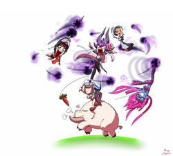  5girls barefoot blue_skin boar bristle carrot colored_skin commentary_request ear_protection evelynn_(league_of_legends) fiora_(league_of_legends) forehead_jewel forehead_protector helmet highres karma_(league_of_legends) korean_commentary league_of_legends long_hair multiple_girls pink_hair ranger_squirrel sejuani short_hair syndra toeless_legwear weapon 