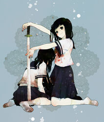  dual_persona female horiro katana kneeling school_uniform serafuku siren siren_2 sword weapon yagura_ichiko 