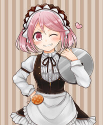  alternate_costume apron badge blush commentary_request enmaided female frills grin hand_on_own_hip heart kantai_collection maid maid_headdress one_eye_closed photoshop_(medium) pink_eyes pink_hair ribbon sazanami_(kancolle) short_hair short_twintails smile solo striped striped_background suzuka_(rekkyo) tray twintails vertical_stripes waist_apron 