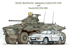  3girls animal_ears armored_vehicle blonde_hair car cat_ears cat_tail commentary_request german_flag german_text gun long_hair machine_gun meijou_inurou mg3 military military_vehicle motor_vehicle multiple_girls porsche porsche_924 spahpanzer_2 sports_car tail vehicle_focus weapon white_background 