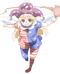  american_flag_dress american_flag_legwear blonde_hair blush breasts clownpiece commentary_request dress fairy_wings female happy hat jester_cap long_hair neck_ruff open_mouth outstretched_arms pantyhose red_eyes ryu3224 short_dress short_sleeves small_breasts solo torch touhou wings 