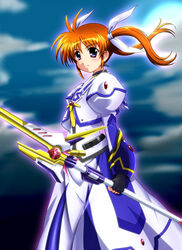  blue_eyes brown_hair commentary_request diesel-turbo female hair_ribbon left-handed lyrical_nanoha mahou_shoujo_lyrical_nanoha mahou_shoujo_lyrical_nanoha_the_movie_1st raising_heart raising_heart_(cannon_mode) ribbon solo takamachi_nanoha takamachi_nanoha_(movie_1st_mode) twintails 