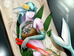  blue_eyes breasts detached_sleeves female female final_fantasy final_fantasy_xi garuda head_fins headfins lucifa mermaid merrow midriff monster_girl purple_skin solo tail 