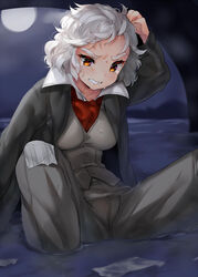  blush breasts clenched_teeth commentary female genderswap_(mtf) ludwig_van_beethoven medium_breasts naso4 orange_eyes original pants papers rule_63 short_hair solo spread_legs tears teeth vest white_hair 