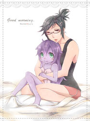  2girls bad_id bad_pixiv_id black_hair camisole colored_skin english_text glasses highres hug hug_from_behind ichancat league_of_legends lulu_(league_of_legends) multiple_girls photoshop_(medium) pointy_ears purple_hair purple_skin size_difference vayne_(league_of_legends) 