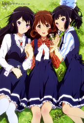  3girls :d :o absurdres bell black_hair blue_dress blue_eyes blue_ribbon blush body_blush breasts brooch brown_eyes brown_hair center_frills collared_shirt day dress fingernails flower frills girl_sandwich grass hair_between_eyes hair_ribbon hibike!_euphonium highres holding holding_bell holding_hands interlocked_fingers jewelry kitaji_miho kousaka_reina long_hair looking_at_viewer lying magazine_scan medium_breasts megami_magazine mouthpiece multiple_girls official_art on_back on_side open_mouth oumae_kumiko outdoors plaid plaid_shirt red_shirt ribbon round_teeth sandwiched sasaki_azusa scan shirt smile striped_clothes striped_shirt teeth thighhighs tongue white_legwear white_shirt 