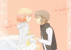  1boy brown_hair commentary_request couple derivative_work female hood hoodie kotoura-san kotoura_haruka manabe_yoshihisa orange_eyes orange_hair short_hair skirt smile straight tears ten_(nm301051) vest 