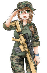  bad_id bad_pixiv_id blush boonie_hat brown_hair camouflage combat_shirt digital_camouflage dutchko female green_eyes gun m110_sass military military_uniform open_mouth original patch rifle saliva salute scrunchie simple_background sniper_rifle solo sweat tears trembling uniform weapon white_background wristband 