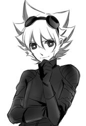  1boy aki_(645451622) bodysuit commentary_request goggles goggles_on_head greyscale hand_on_own_chin inazuma_eleven_(series) inazuma_eleven_go inazuma_eleven_go_chrono_stone looking_at_viewer male_focus monochrome saryuu_evan simple_background solo white_background 