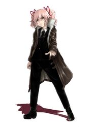  absurdres bane bane_(cosplay) batman_(series) black_jacket black_necktie black_pants black_suit closed_mouth coat collared_shirt cosplay dc_comics female formal frown full_body fur_trim hair_ribbon hana_keijou highres jacket jewelry kaname_madoka long_sleeves mahou_shoujo_madoka_magica mahou_shoujo_madoka_magica_(anime) necktie open_clothes open_coat pants pink_eyes pink_hair pointing red_ribbon ribbon ring shadow shirt signature simple_background solo standing suit the_dark_knight_rises white_background white_shirt 