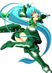  aqua_eyes armor ass chouzetsu_yarou commentary_request female gauntlets greaves green_hair huge_weapon legs solo sword vividgreen vividred_operation weapon 