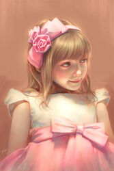  blue_eyes bow closed_mouth commentary_request dress eyelashes female hair_ribbon hairband hairbow highres lolicon nose original photorealistic photoshop_(medium) pink_hairband pink_lips pink_ribbon pink_skirt puffy_short_sleeves puffy_sleeves ray_tang realistic ribbon sash shirt short_sleeves sidelocks signature skirt smile solo upper_body white_shirt 